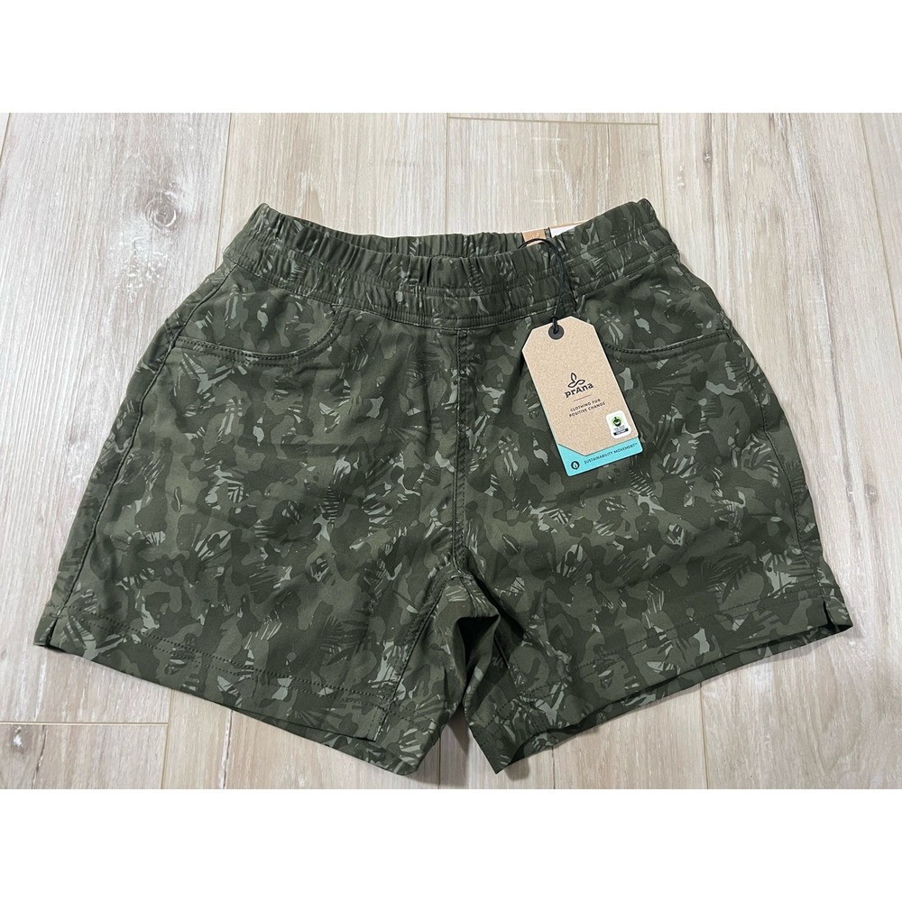 prAna Shorts Womens 4 Evergreen Camo Halle E-Waist Short II  Hiking 5in
